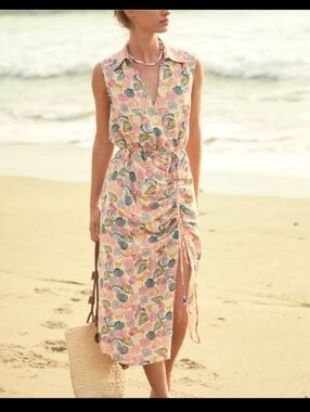 Anthropologie Sleeveless Midi Dress in Pink, Blue & Yellow Shell Print
